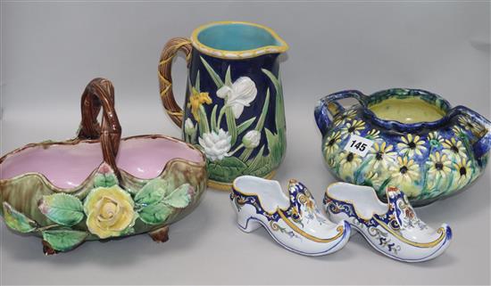 A Majolica jug, basket, Arts and Crafts bowl and a pair of faience shoes JUG H.19cm.